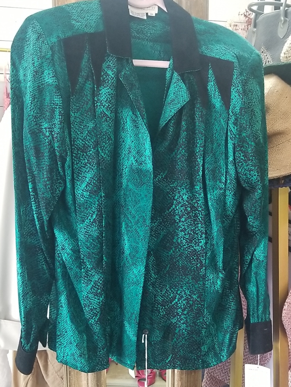 Vintage Emerald Green Patterned Blouse with Black Trim